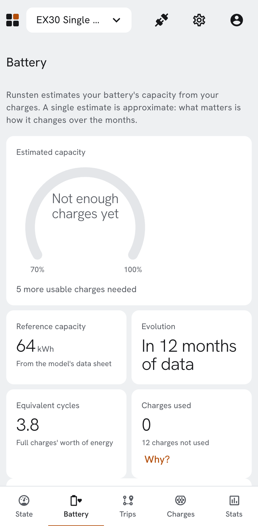 The battery page: estimated capacity against the data sheet.