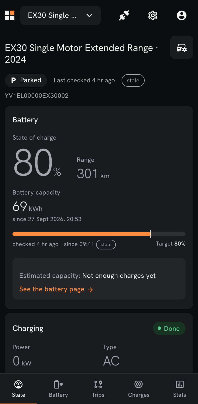 The state page: charge level, range, odometer and last position.