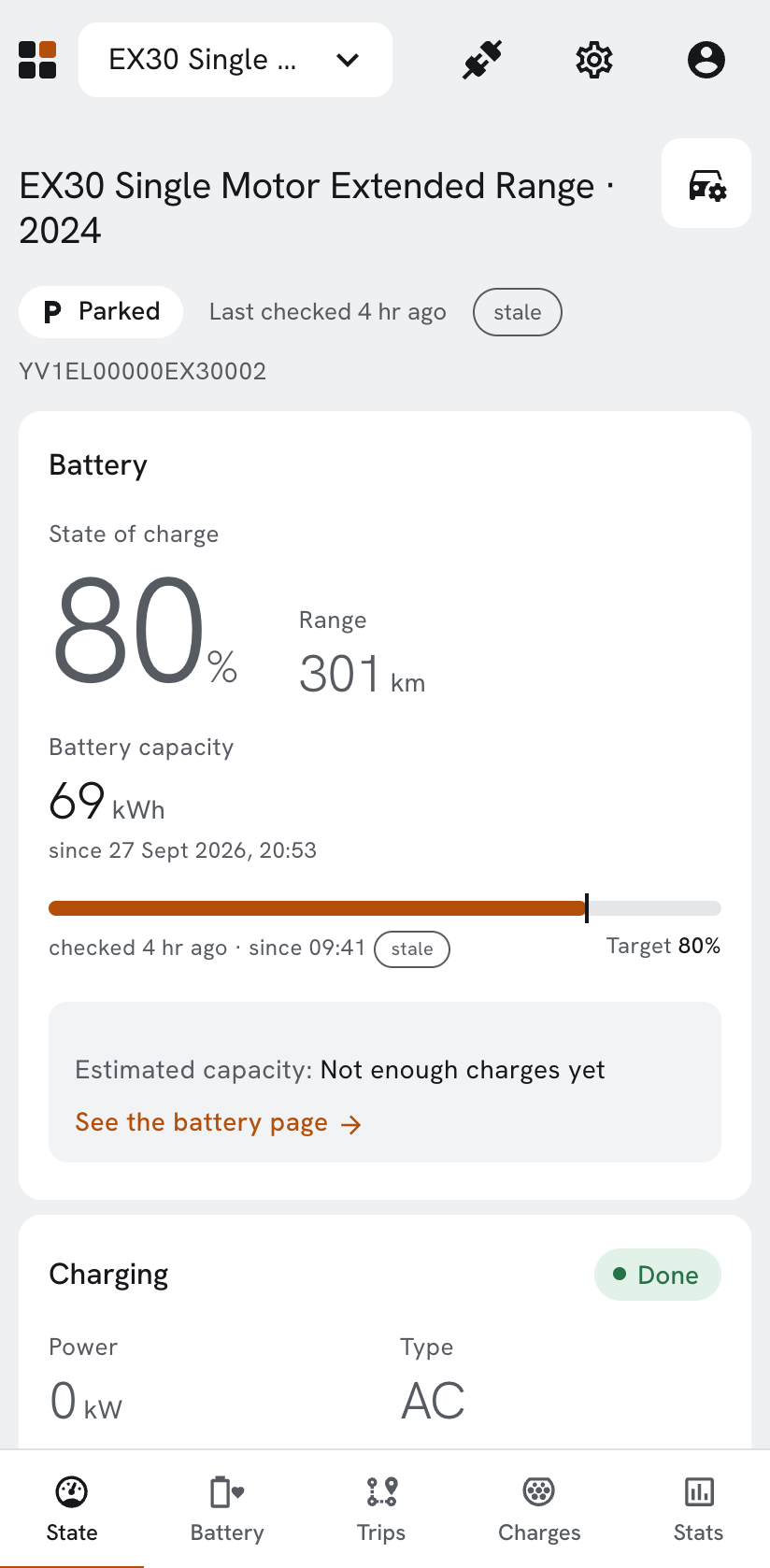 The state page: charge level, range, odometer and last position.
